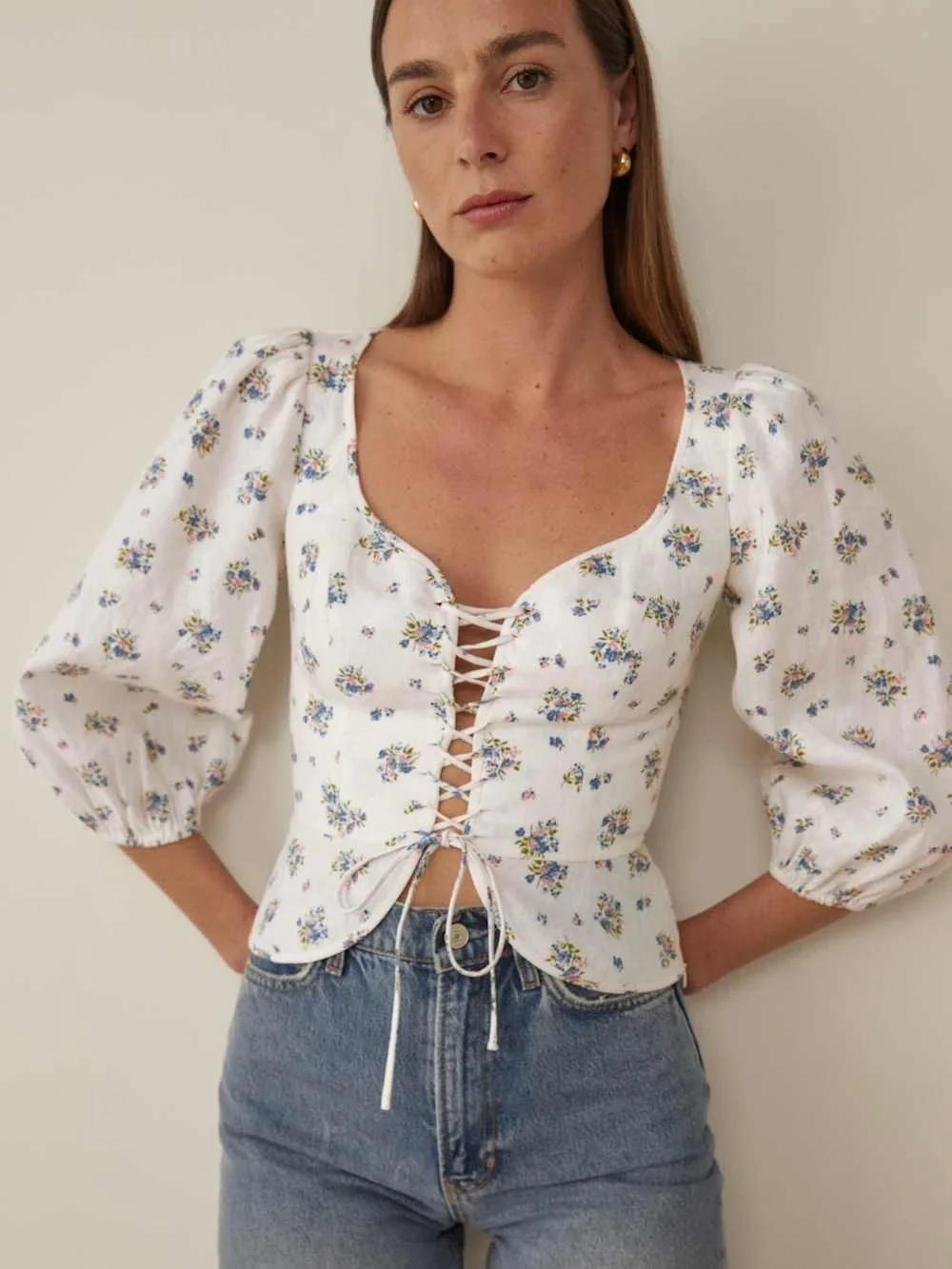 Reformation Barrett Linen Floral Lace Up Crop Top, Size 2